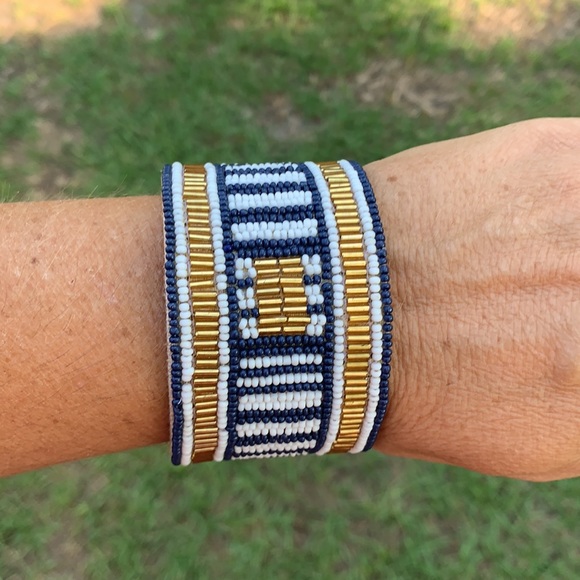 None Jewelry - Blue & Gold Beaded Cloth & Metal Cuff Bracelet